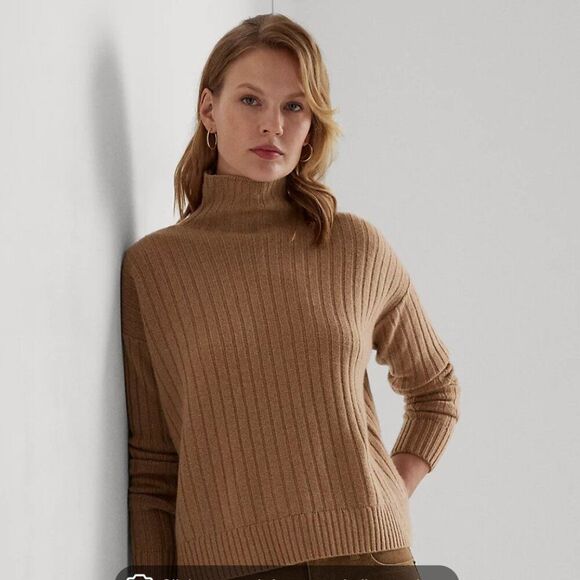 Lauren Ralph Lauren Camel Washable Cashmere mock turtleneck sweater size XL NWT - Picture 1 of 14